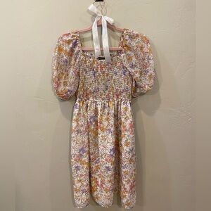 mikarose floral mini dress with puff sleeves